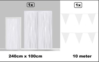Set Folie gordijn metallic 2,4m x 1m wit + vlaggenlijn wit 10 meter - Decoratie festival themafeest carnaval gala disco glitter and glamour wanddeco