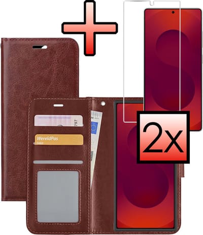 Hoesje - Met 2x Screenprotector - Geschikt voor Samsung Galaxy S25 Ultra - Luxe Pasjeshouder - Bookcase Portemonee - Flip Case - Kunstleer Book Case - Flipcase Hoes - Book Cover - Walletcase - Portemonneehoes - Bruin