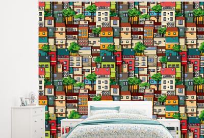 Behang - Fotobehang Patronen - Huis - Boom - Jongens - Kinderen - Kids - Breedte 300 cm x hoogte 240 cm