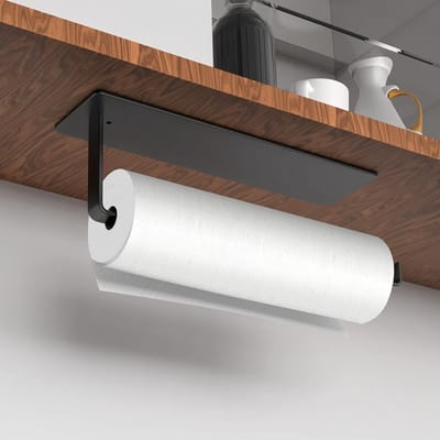 Famanu - Keukenrolhouder zonder boren, keukenpapierhouder, zelfklevend, keukenrolhouder aan de muur van roestvrij staal, houder voor onder kast, hangende montage voor keuken en badkamer, zwart, 26 cm