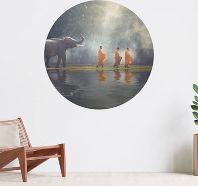 Muurcirkel zelfklevend behang - Olifant en boeddhisten - Wanddecoratie - 080cm behangcirkel - Ronde sticker voor aan de muur - Behangsticker verkrijgbaar in verschillende formaten