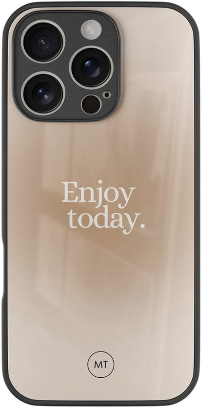 Hoesje geschikt voor iPhone 16 Pro - Enjoy today - Luxe Hard Case - Tekst - Beige - Mooie Telefoonhoesjes