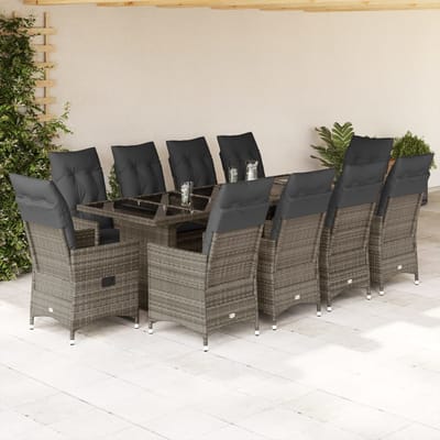 vidaXL - 11-delige - Bistroset - met - kussens - poly - rattan - grijs