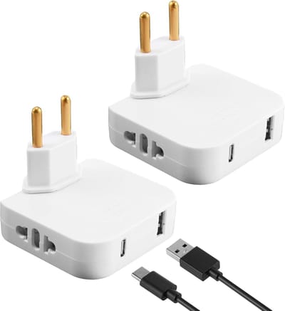 Set van 2 platte stekkers met USB - USB-C adapter - ultra dun ontwerp voor kleine ruimtes - hoofd 180° draaibaar - geschikt voor Europese en Amerikaanse stopcontacten 220 V