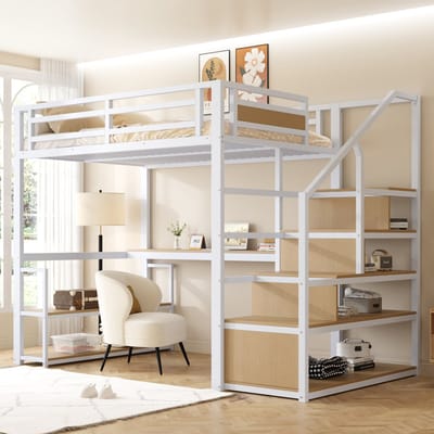 MODFU Hoogslaper 140x200 cm van metaal en MDF – met bureau en opbergladder – wit – moderne kamerindeling