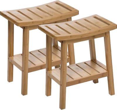 5Five Douche of bijzet krukje - 2x - bamboe hout - lichtbruin - L40 x B25 x H46 cm