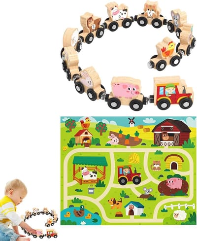 Houten Treinset - Boerderij trein - Spelenderwijs leren - Met dierenwagons - 10 wagons - Multicolor