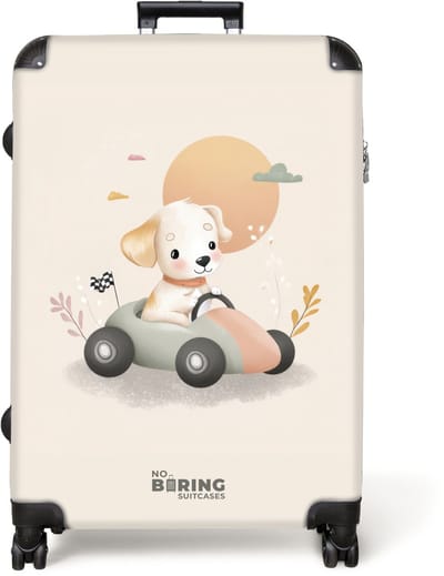 NoBoringSuitcases.com® - Koffer groot - Reiskoffer lichtgewicht - Puppy in een raceauto in beige kleuren - Rolkoffer met 4 wielen - Grote trolley XL - 98 liter bagage
