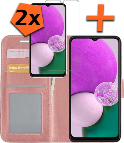 Hoes - Met 2x Screenprotector - Geschikt voor Samsung Galaxy A13 4G - Luxe Pasjeshouder - Bookcase Portemonee - Flip Case - Kunstleer Book Case - Flipcase Hoes - Book Cover - Walletcase - PortemonneeHoes - Rosé goud