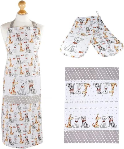 Kookset met Schort, Ovenwanten en Theehanddoek met Hondenprint