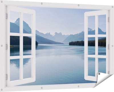 Gards Tuinposter Doorkijk Meer bij de Bergen in Alberta, Canada - 150x100 cm - Tuindoek - Tuindecoratie - Wanddecoratie buiten - Tuinschilderij