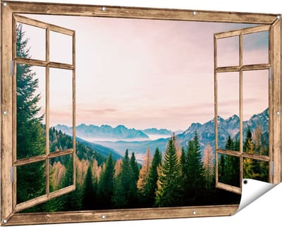 Gards Tuinposter Doorkijk Bos met Bomen bij Bergen Landschap - 150x100 cm - Tuindoek - Tuindecoratie - Wanddecoratie buiten - Tuinschilderij