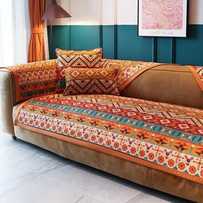 Bohemian Chenille Bankkussen Rugleuning Handdoek Oranje Vier Seizoenen Universeel Anti-Slip Bankhoes Geometrisch Patroon Bankhanddoek 70x70cm 1pcs