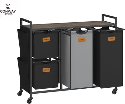 Conway Living - Wasmanden 3 vakken - 3x38 L - 92 x 33 x 72 cm - Wassorteerder - Wasmand Grijs