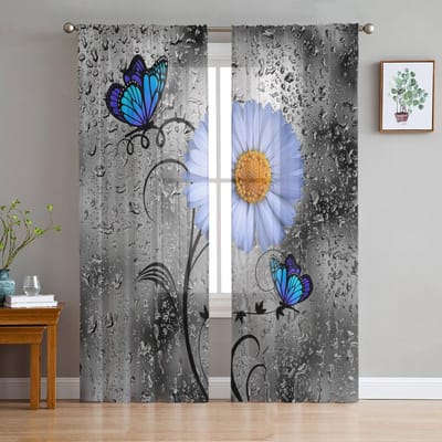 Blauwe Roos Bloem Vlinder Glasachtige Gaas Gordijnen Voor Kinderkamer Keuken Voor Woonkamer Vakantie Decor Voile Gordijn 135W x 114H(cm)