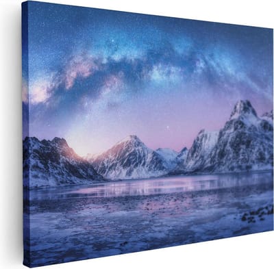 Artaza Canvas Schilderij Winterlandschap - 40x30 cm - Klein - Muurdecoratie Bergen - Wanddecoratie Sterrenhemel - Kamer Accessoires Natuur