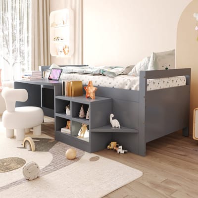 MODFU – Multifunctioneel Bed – 90x200 cm – Bureau & Opbergkasten – 2 USB & Stopcontact – Grenen – Grijs