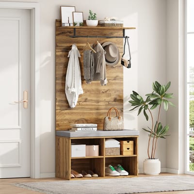 Halmeubelset - 84x32x175 cm - Met Schoenbank Kledingstang En Kussen - MDF - Houtlook