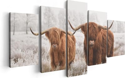 Artaza Canvas Schilderij Vijfluik Twee Schotse Hooglander Koeien In De Wei - 100x50 cm - Wanddecoratie Woonkamer - Schilderijen - Muurdecoratie