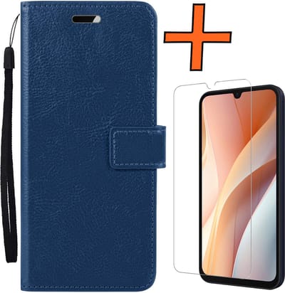 Hoes - Met Screenprotector - Geschikt voor Samsung Galaxy A15 - Luxe Pasjeshouder - Bookcase Portemonee - Flip Case - Kunstleer Book Case - Flipcase - Book Cover - Walletcase - PortemonneeHoes - Donkerblauw