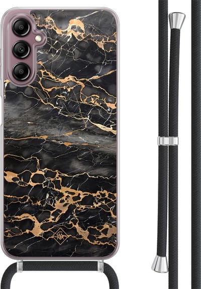 Casimoda® hoesje met koord - Geschikt voor Samsung A14 - Marmer Grijs Brons - Afneembaar koord - TPU/acryl - Zwart