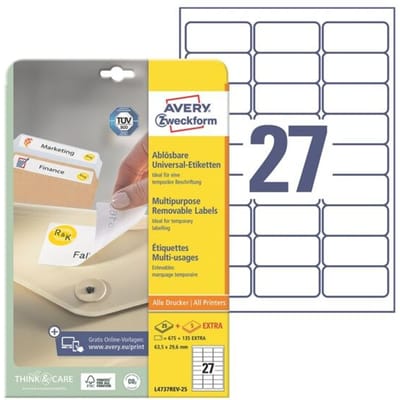 ETIKET AVERY L4737REV-25 63.5X29.6MM AFNEEMBAAR WIT 675STUKS