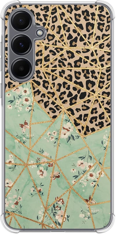 Shockproof hoesje - Geschikt voor Samsung Galaxy A35 - Luipaard bloemen print - Extra sterke case - TPU/polycarbonaat - Print / Illustratie - Multi, Transparant