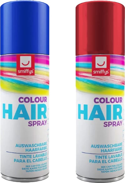 Smiffys Carnaval verkleed hoofdhaar verf/spuitspray - blauw en rood - spuitbussen - 125 ml p/st