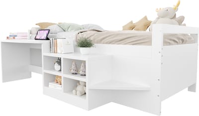 REDOM Ledikant 90x200 cm – Kinderbed met Bureau en Opbergruimte – USB en Stopcontact – Ruimtebesparend Bed voor Kinderkamer – Hout – Wit