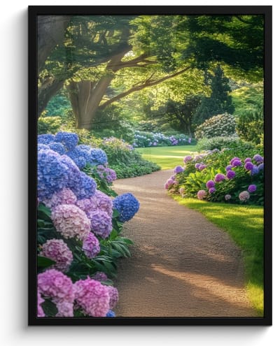 Poster in lijst - Fotolijst 50x70 cm - Posters - Hortensia- Park - Pad - Posterlijst zwart - Decoratie - Wanddecoratie woonkamer - Muurdecoratie slaapkamer
