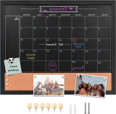 Magnetisch Bord met Kalender en Prikbord Combinatie, 45 x 55 cm, Schoolbord en Korkbord voor Thuis en Kantoor, Rustieke Lijst