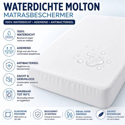 Waterdichte Molton Hoeslaken – Rondom elastiek - Wit - Waterdichte Matrasbeschermer - Ademend - Antibacteriëel - Wasbaar - Litsjumeaux XL - 200x200 cm