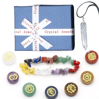 7 Chakra stenen, Ketting met Kwarts hanger & Edelstenen armband - Gift Set Natuursteen - Healing kristallen