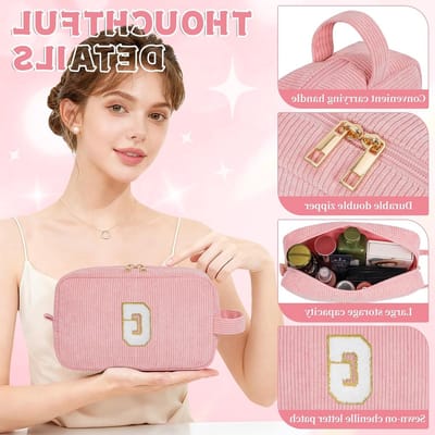 Persoonlijke Corduroy Make-up Tas voor Vrouwen, Cosmetica Organizer met Aanpasbare Letters, Perfect Cadeau voor Vriendin in Roze