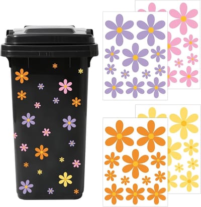 Decoratieve Stickers voor Afvalcontainers - 4 Vellen Waterdichte Labels met Bloemen, Daisy en Bakken voor Auto, Koelkast en Buitengebruik