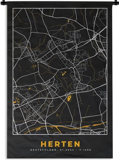 Wandkleed - Wanddoek - Black and Gold – Stadskaart – Herten – Duitsland – Plattegrond – Kaart - 120x180 cm - Wandtapijt