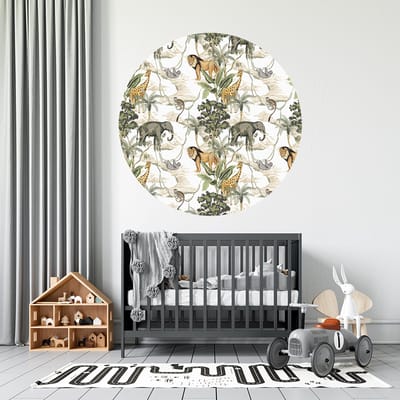 Muurcirkel Jungle - wit - Ø 100 cm - Dieren - Muurcirkel binnen - Wanddecoratie -muursticker - Babykamer en kinderkamer