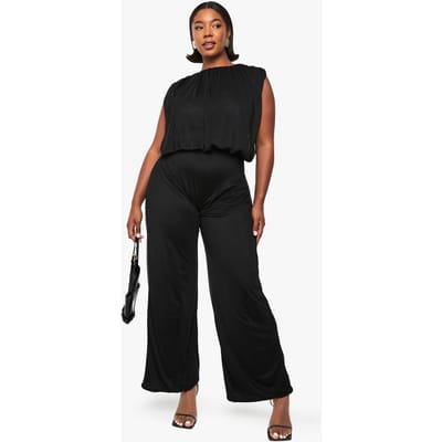 boohoo Dames Plus mesh blouson jumpsuit met wijde pijpen | Black | Maat: 18