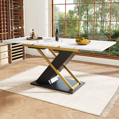 DESMIU Uitschuifbare Eettafel - Marmerlook Met Kruisvormige Poten - Voor Keuken En Woonkamer - MDF En Metaal - 120 Tot 160 X 80 X 75,4 Cm - Zwart