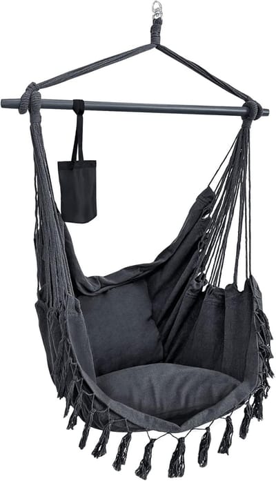 Hangstoel met kussens - Schommelstoel buiten - Ontspannen buiten zitten - Inclusief drankhouder - 100 cm stok - Donkergrijs