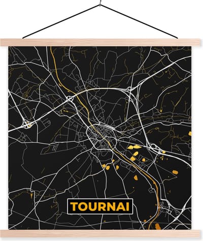 Posterhanger incl. Poster 40x40 cm - Schoolplaat - Stadskaart - Tournai - Goud - Plattegrond - Kaart - Textielposter - Blanke latten - Stadskaart