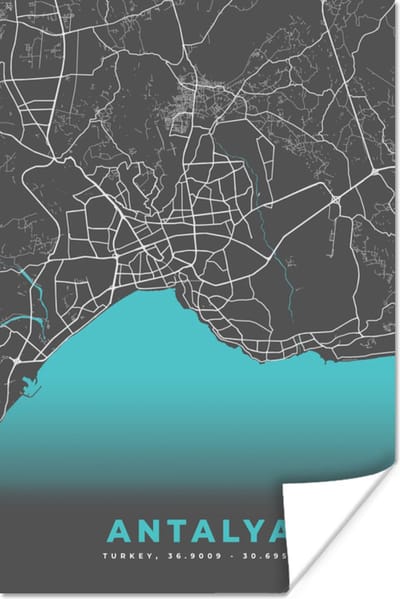 Poster Antalya - Stadskaart - Plattegrond - Kaart - Blauw - 120x180 cm XXL