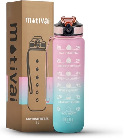 Motivai Motivatie Waterfles met Rietje & Tijdmarkering – 1 Liter – Lekvrij & BPA-vrij Drinkfles – Inclusief Extra Afsluitklepje – Roze/Blauw