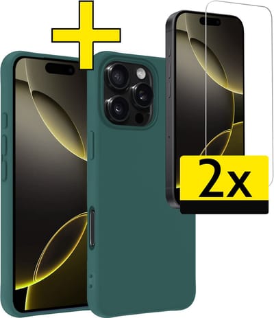 Hoesje - Met 2x Screenprotector - Geschikt voor Apple iPhone 16 Pro - Sterk & Shockproof - Back Cover - Siliconen Case - Telefoon Hoes - Telefoonhoesjes - Donkergroen