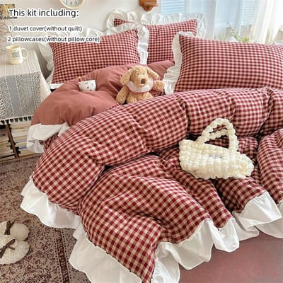 3-delige rood, zwart geruite Dekbedovertrek Set (1*Dekbedovertrek + 2*Kussensloop, Zonder Vulling), Kantborduurwerk Beddengoed Set 135x200cm 3pcs rood