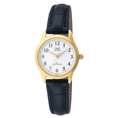 Q&Q C169J104Y - Horloge - Analoog - Vrouwen - Dames - Leren band - Rond - Staal - Zwart - Goudkleurig - Wit