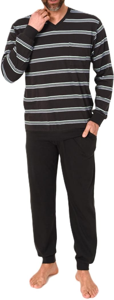 Lange Normann herenpyjama met manchetten in een gestreepte look - ook in grote maten