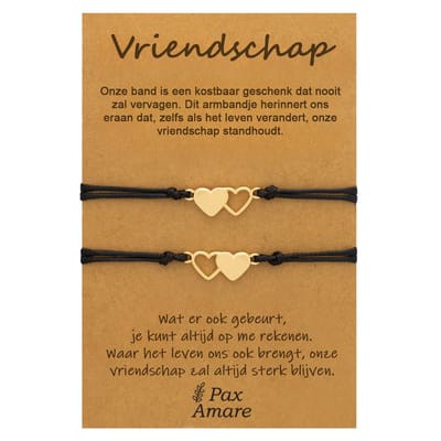 Vriendschapsarmbandjes voor 2 "Vriendschap" - Hartjes - BFF Armbandjes met Cadeau Kaartje - Goudkleurig - Elastisch Verstelbaar - Pax Amare