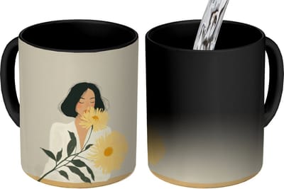 Magische Mok - Foto op Warmte Mokken - Koffiemok - Vrouw - Bloem - Geel - Minimalistisch - Magic Mok - Beker - 350 ML - Theemok