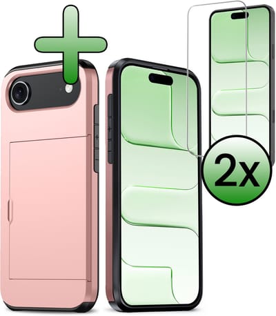 Hoes Geschikt voor iPhone Air Hoesje Hard Case Met Pas Houder Met 2x Screenprotector - Hoesje Geschikt voor iPhone Air Hoes Shockproof Hard Cover Met Kaarthouder - Rosé goud